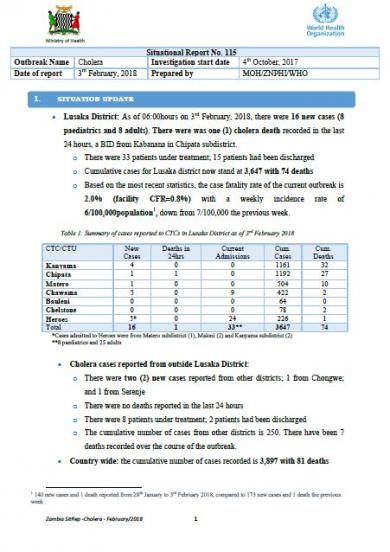 Zambia cholera outbreak situation report - 3 February 2018 